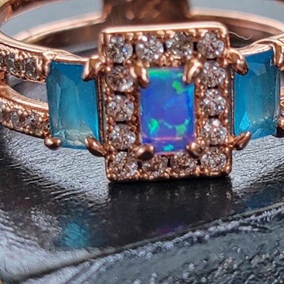 Rose Gold Plated Ring with Simulated Opal and Blue Stones - Size 9 - Picture 8 of 11